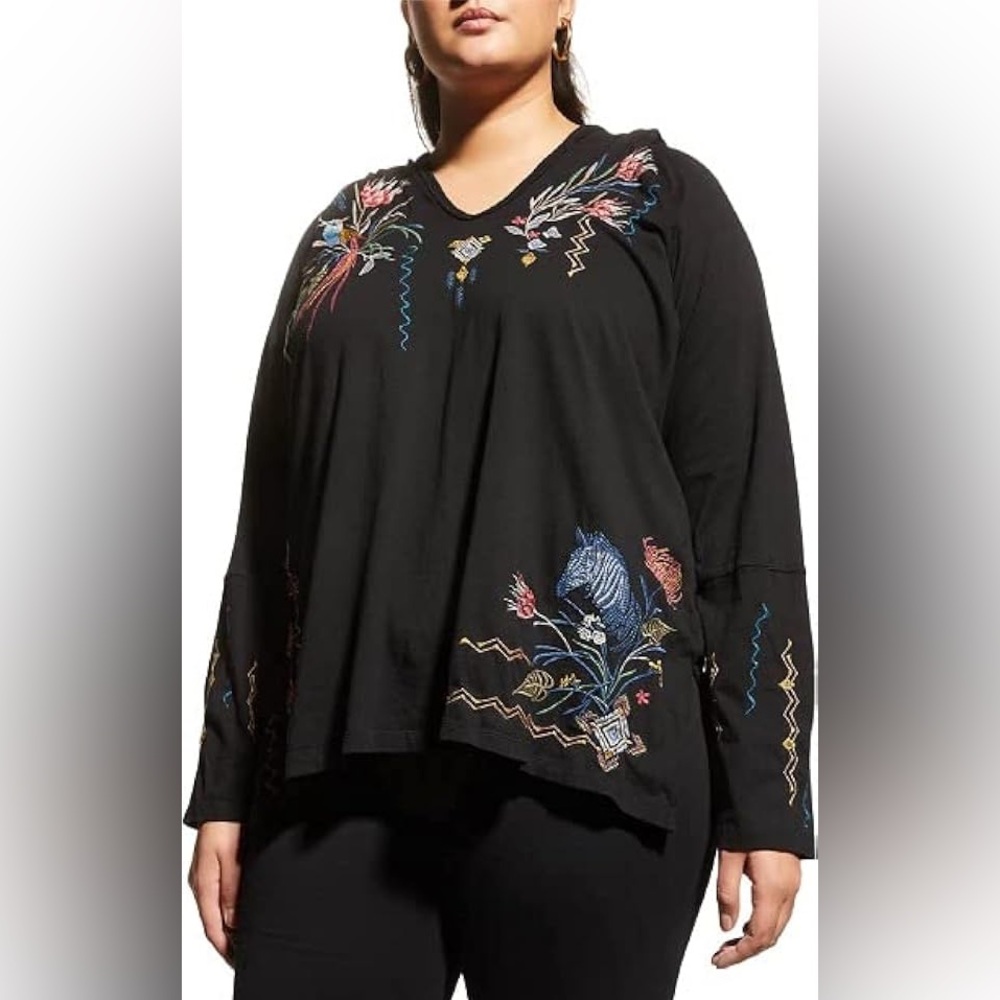 Johnny Was Watipaso Beach raw embroidered cotton hoodie top in black